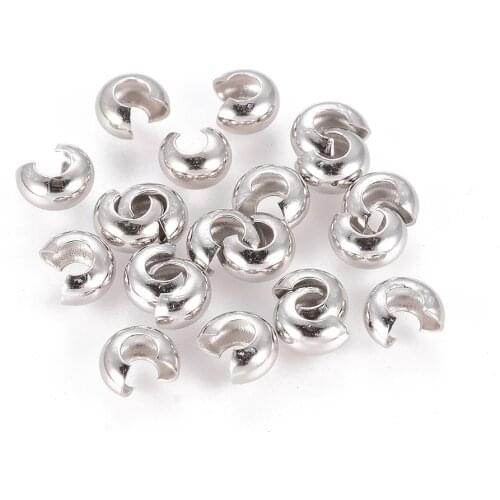 100pcs Platinum Color Brass Crimp End Beads Covers for Jewelry Making, Nickel Free, Size: about 4mm wide, hole: 1.5~1.8mm