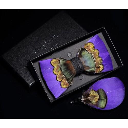 KAMBERFT novelty handmade 31 colors solid color black red feather bow tie brooch gift set mens wedding party fashion tie