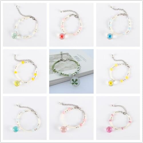 New temperament glass ball dried flower bracelet female student girlfriends gift four-leaf clover gypsophila real flower jewelry