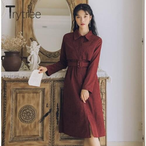Trytree Autumn Winter Women Dress Casual Turn-down Collar Single Breasted Belt Solid 3 Colour A-line Fashion Knee-Length Dress