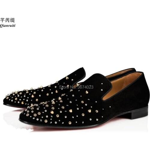 Qianruiti Men Spike Flats Gold beads Studs Loafers Crytal Casual Shoes Square Toe Loafers Slip on Smoking Shoes