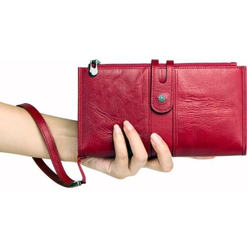 With the Wrist Strap Passport long wallet Womens clutch bag female Full-Grain Leather card holder purses