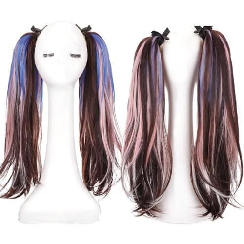 XUANGUANG Synthetic Double Ponytail Highlighting Wig Female Bandage Wavy Hair COS Color Straight Ponytail Extension Natural Wig
