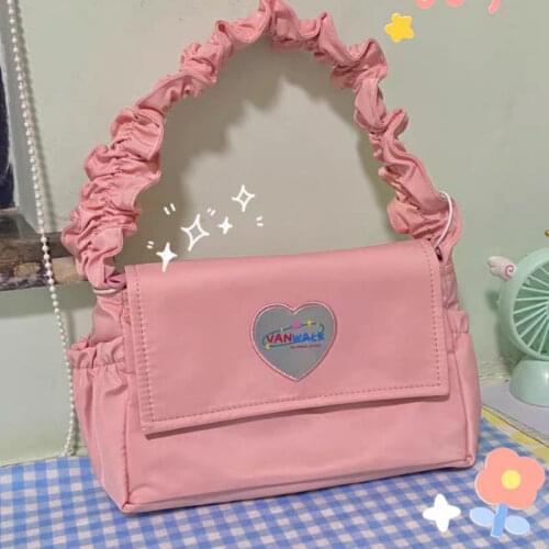 Lovely Sweet Girls Pink Casual Tote Solid Color Ladies Nylon Shoulder Underarm Bags Vintage Design Women Small Purse Handbags