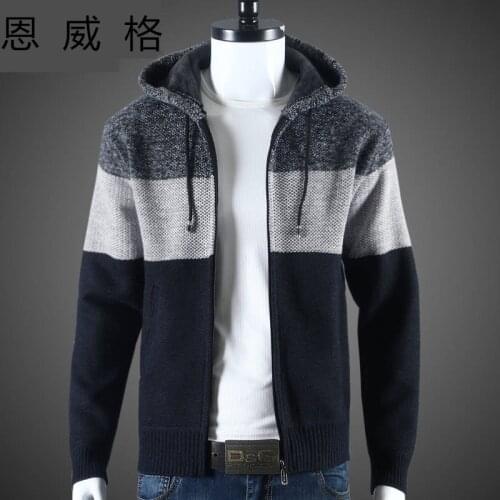 Sweater Jacket Men Winter Hooded Coat Thick Knitted Cardigan Fleece Softshell Outerwear Warm Zipper Stripe Cardigan Jackets