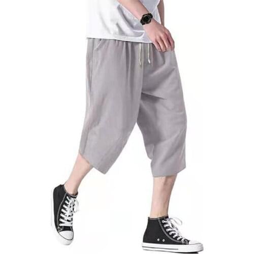 Loose Mens Cropped Pant Summer Cool Casual Wide Leg Bloomers Waist Calf-Length Drawstring Pants Solid Color Trousers Plus Size