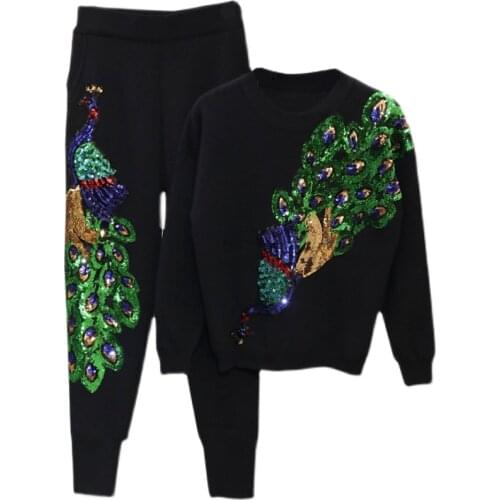 Spring Fashion Gold velvet Tracksuit Suit Women Autumn Sequin Peacock O-Neck Long Sleeve + Trousers Female Two Piece Set H1306