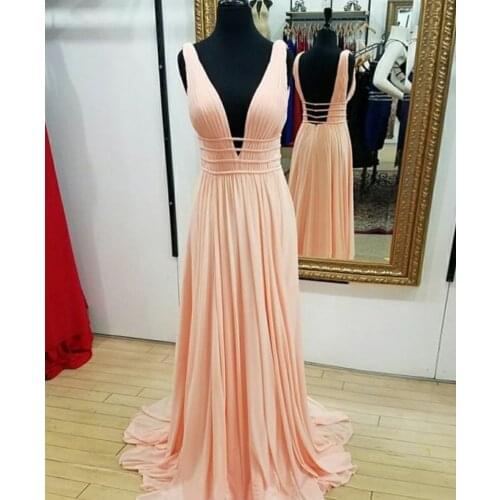 Sexy Long V-Neck Pleated Pink Evening Dresses A-Line Open Back Stretchy Abendkleid Robes de Soirée for Women