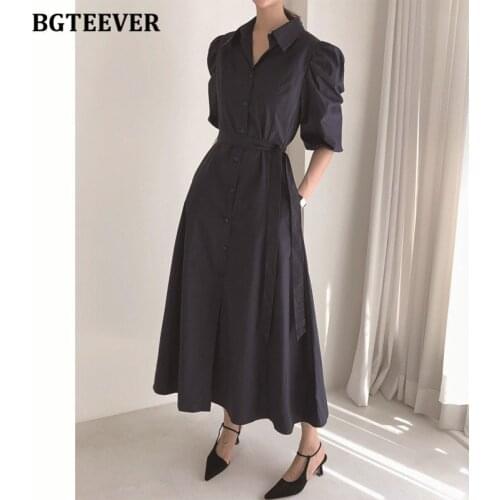 BGTEEVER Elegant Turn-down Collar Women Dress Puff Sleeve Lace-up Loose Single-breasted Ladies Vestidos Vintage 2021 Summer