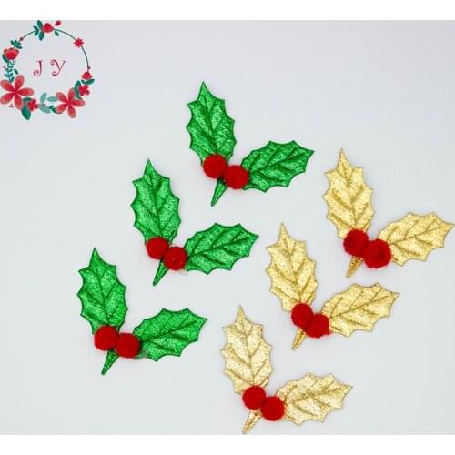 200pcs Holly Berry Leaf Appliques Gold, Green Color Fabric Leaves w/ Red Pom Poms for Christmas Party Decoration, Scrap Book