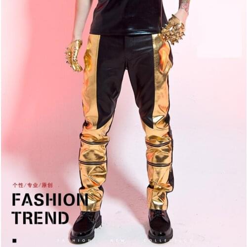 2017 High Quality Brand Mens Clothing Hip Hop Pu Leather Patchwork Slim Fit Skinny Zippers Biker Pants Justin Bieber Hiphop Pant