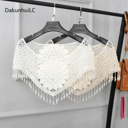 2019 New Style Womens Sweet White Hollow Crochet Lace Tassels Knit Wide Collar Cape Shawl