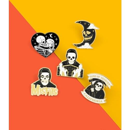 5 Styles Romantic Skeleton Enamel Lapel Pins Grim Reaper Badge Brooches For Men Women Lover Dark Death Scary Creepy Goth Jewelry