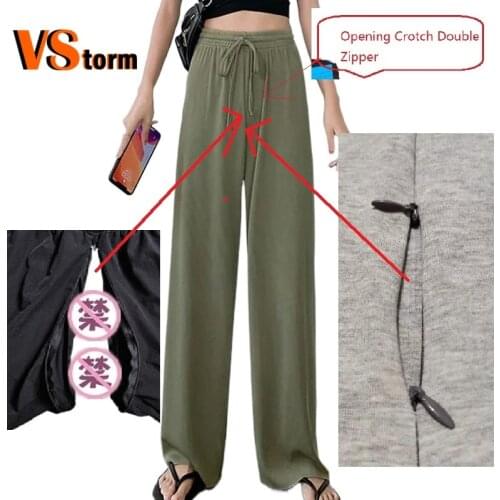 Double Zipper Open Ice Silk Wide-leg Pants Female Summer Students Feel Relaxed Joker High Waist Elastic Thin Straight Pants