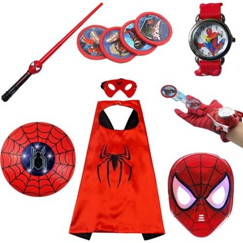 Disney Marvel Spider Man LED Mask Launcher Gloves Watch Cape Set Superhero Sword Children Cartoon Toys Kid New Year Gift CosplED