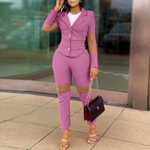 Two Piece Elegant OL Work Suits Mesh Insert Blazer & Slim Pants Set