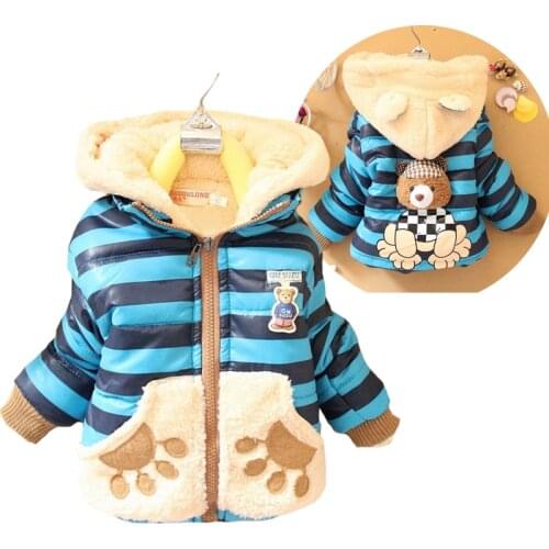 New Cute Bear Boys And Girls Jacket Winter Warm Plush Lining Thicken Hooded Coat For Kids Children Christmas Birthday Present