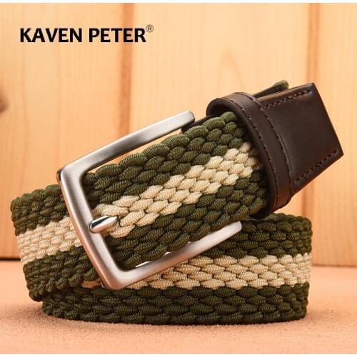 Fashion Casual Stretch Woven Belt With Leather Tip Top Elastic Belts For Men Jeans Mixed Color Braided Strap Zinc Alloy Buckle