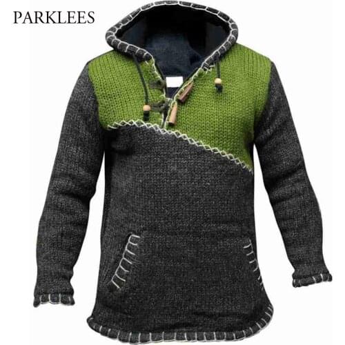 Contrast Sweater Mens Horn Button Warm Casual Hoodies Men Patchwork Coat Jacket Pullover Hooded Oversize Male Knitted Streetwear