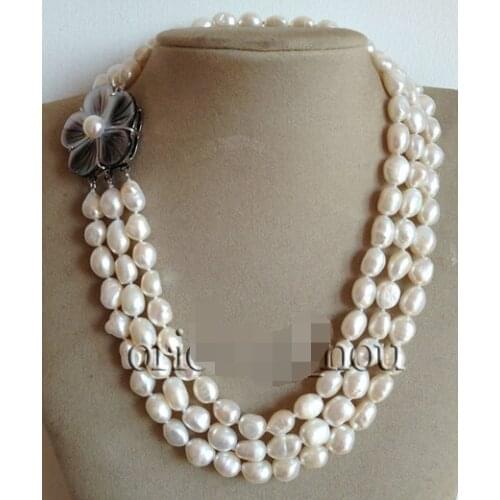 Wholesale free shipping 100% Natural jewelry 3 row 8-10mm Natural White Baroque Freshwater Pearl Shell Flower Necklace