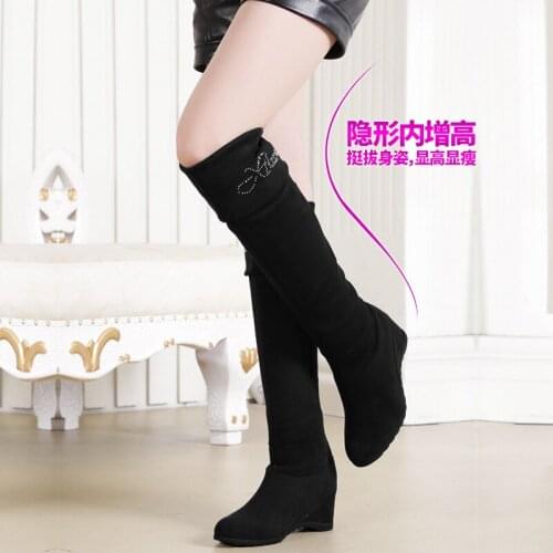 Autumn/Winter new slope-heeled plus-velvet boots Korean version over-knee boots womens single thin boot womens platform heels