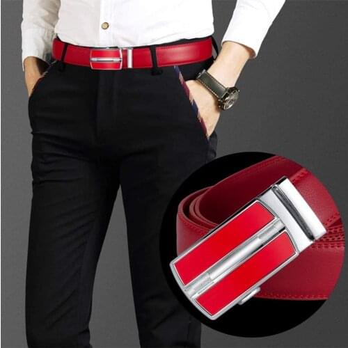 Plyesxale Red Leather Belt For Men 2020 High Quality Mens Automatic Buckle Business Formal Belts Formal cinturones hombre B274