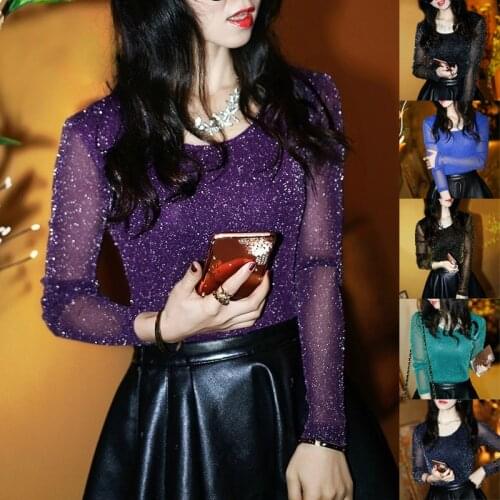 Sexy Shiny Mesh Transparent Shirts Tops For Women Spring Tops Long Sleeve Perspective Shine Office Party Clubwear T-Shirt