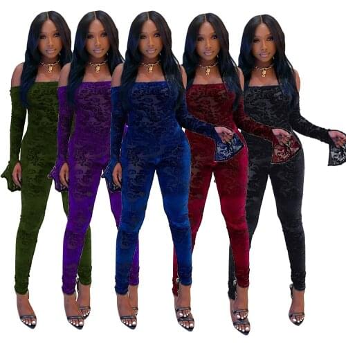 Off Shoulder Sexy Mesh Club Jumpsuit Long Flare Sleeve Women One Piece Outfit See Through Bodycon Rompers Winter Spring Overalls