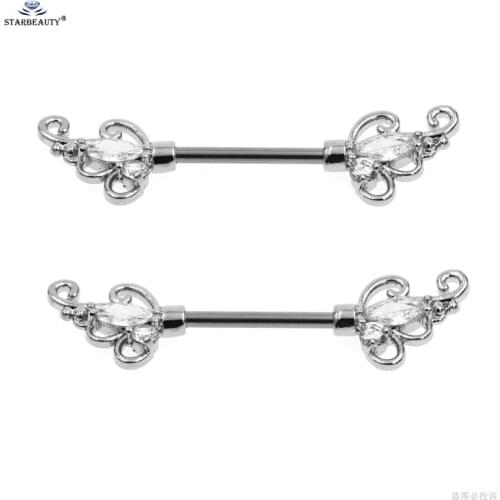Starbeauty 2pcs Vintage Flower Nipple Ring Helix Earring Clear Stone 14G Barbell Nipple Piercing Stainless Steel Body Jewelry