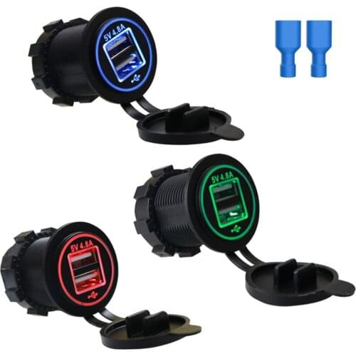 Universal Waterproof Dual USB Port LED Car Charger DC 12V-24V Cigarette Lighter Socket Splitter 5V 4.8A Vehicle Charging Adapter