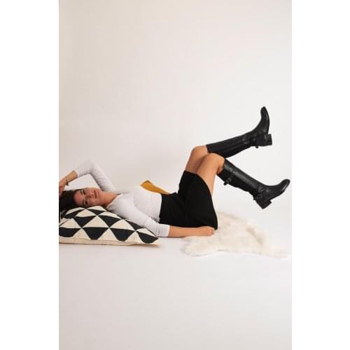 Genuine Leather Female Long Boots Wheel Buckled The Accordion patterned