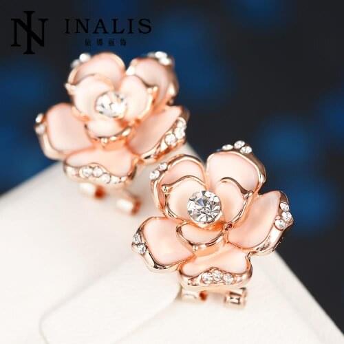 INALIS Fashion Jewelry Pearl Earrings Rose Gold Color SWA Element Austrian Crystals Flower Earrings For Women E722