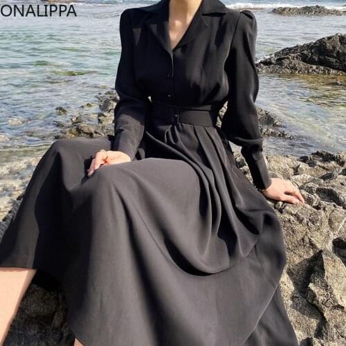ONALIPPA Women Dress 2021 Autumn Suit Collar Single Breasted Design Korean Temperament High Waist Loose Windbreaker Vestidos