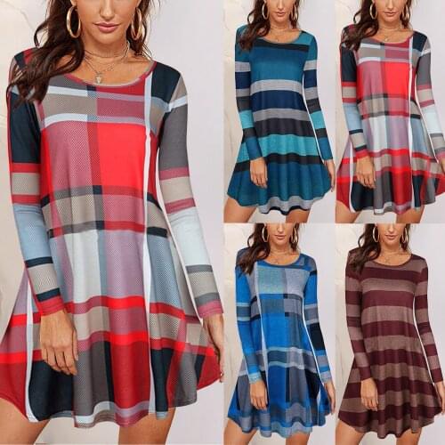 Womens Casual Plaid Printed Dress O-Neck Long Sleeve Mini Dresses 2021 Autumn Female Loose Dress Vestidos Mujer Женское Платье