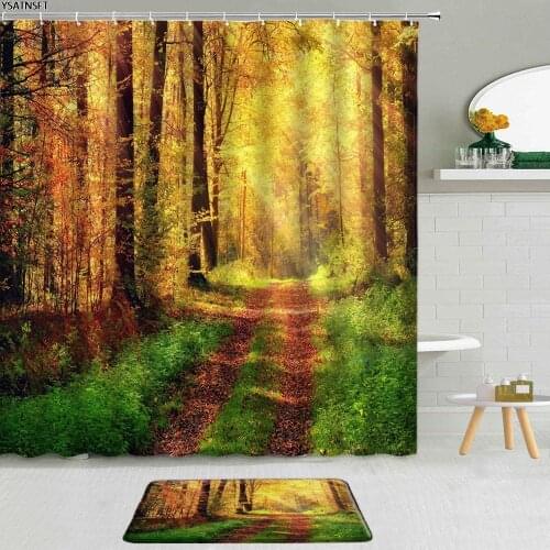 2Pcs Autumn Landscape Shower Curtain Psychedelic Forest Trees Elk River Bathroom Hanging Curtains Non-Slip Bath Mat Set Washable