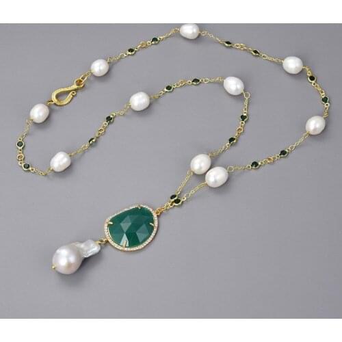 26'' White Rice Pearl Green Crystal Chain Necklace Keshi Pearl Pendant