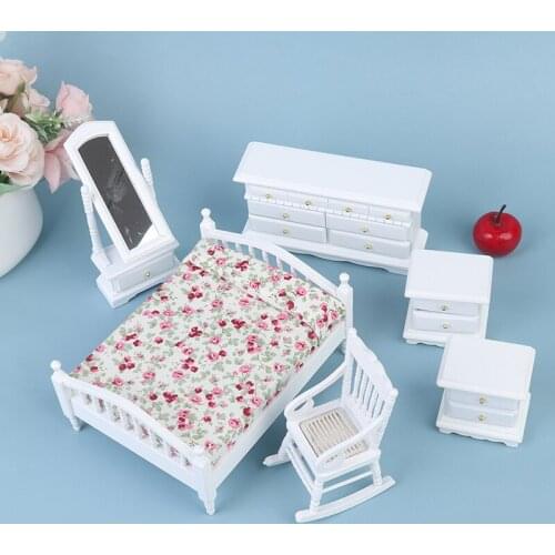 6Pcs/set 1:12 Dollhouse Wooden Furniture Dolls Bedroom Accessory Kits Double Bed Long Mirror Table Chair Bedside Cabinet