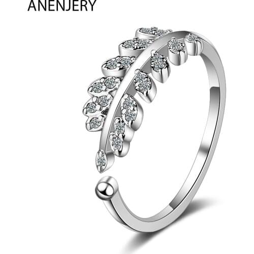 ANENJERY Minimalist 925 Sterling Silver Jewelry Clear CZ Olive Leaves Adjustable Rings For Women Girl Party Gifts S-R576
