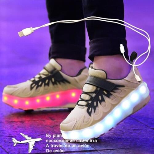 Children Boys Luminous Glowing Sneakers with Double / Two Wheels Roller Skate Shoes Adult Kids USB Charging Shoes Pink Girls