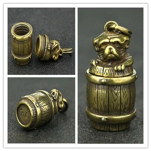 Chinese Collection Mini brass copper Small statue bronze Dog Wooden barrel Animal pendant Key buckle