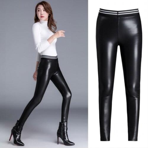 Womens PU Leather Pants High Elastic Waist Leggings Not Crack Slim Leather Leggings Fleece Trousers Women Fashion 201801