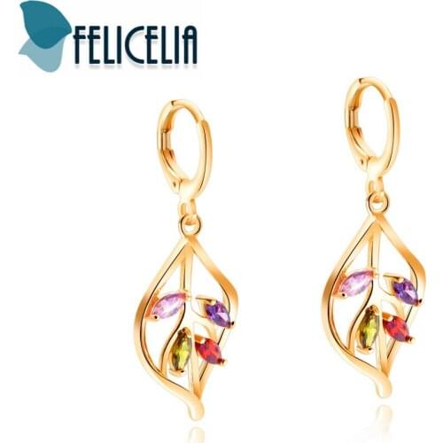 Felicelia Fashion Women Earrings Clear/ Multicolor Leaves Gold Color Cubic Zirconia Dangle Drop Earrings Jewelry Birthday Gift
