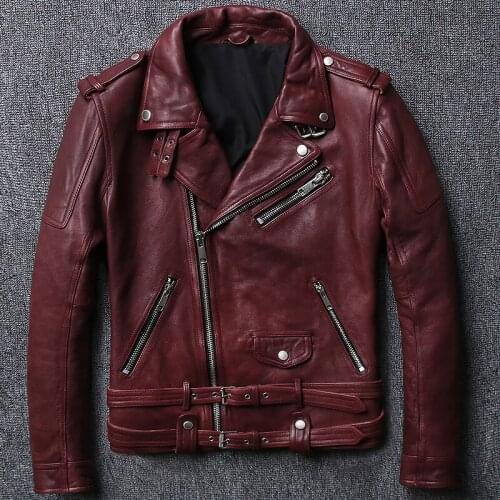 Mens Genuine Leather Motorcycle Jacket Brand Tanned Vintage Sheepskin Slim Oblique Zipper Biker Jackets Retro Coat free