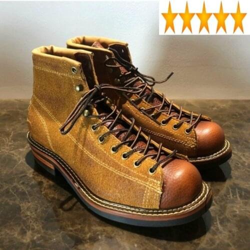 Handmade Mens British Cargo Style Vintage Motorcycle Round Toe Genuine Leather Ankle Boots Cowhide Men Fashion Shoes
