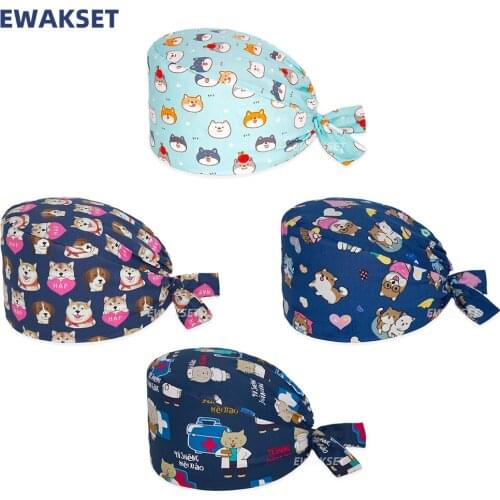 Unisex scrub hats for doctor nurse animal printing cotton adjustable Pet working Scrub cap women men Surgery hat