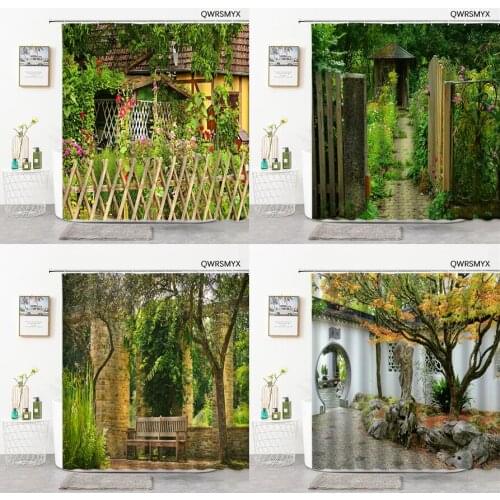 Garden Fence Scenery Shower Curtains Flowers And Plants Natural Scenery Bathroom Curtain Home Decor Background Bathroom Products