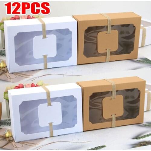 12PCS Kraft Paper Gift Packaging Box with Rope Rectangle PVC Window Dessert Case Bread Shop Cookies Biscuit Candy Gift Boxes