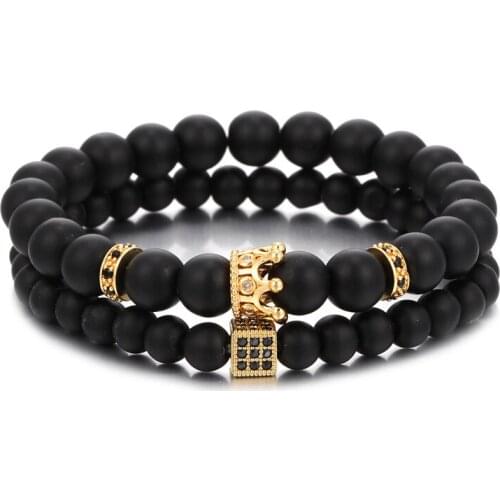2pcs/Set CZ Cube Crown Men Couple Bracelet Fashion Handmade 8/6MM Stone Bead Bracelet Sets For Men Jewelry Gift Pulsera Hombre