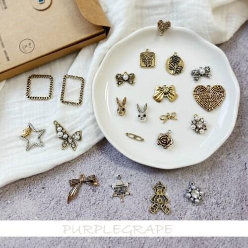 Vintage do old alloy box flower round card square brand point pearl bow DIY earrings shoe bag pendant material 6pcs