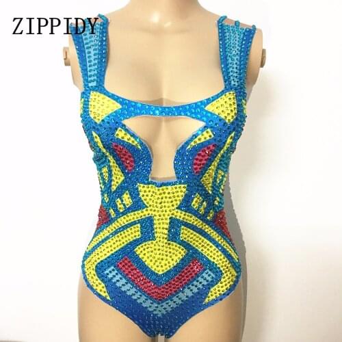 Sexy Colorful Crystals Nude Summer Bodysuit Birthday Nightclub Evening Wear Outfit Party Costumes Rhinestones Stretch Leotard